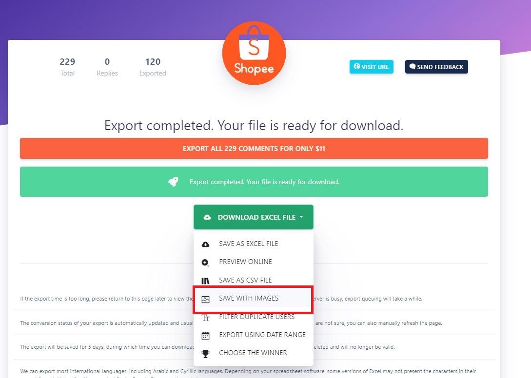 How to export Shopee Reviews with images