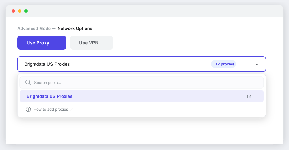 Selecting a proxy pool under Advanced Mode Network Options on the export form