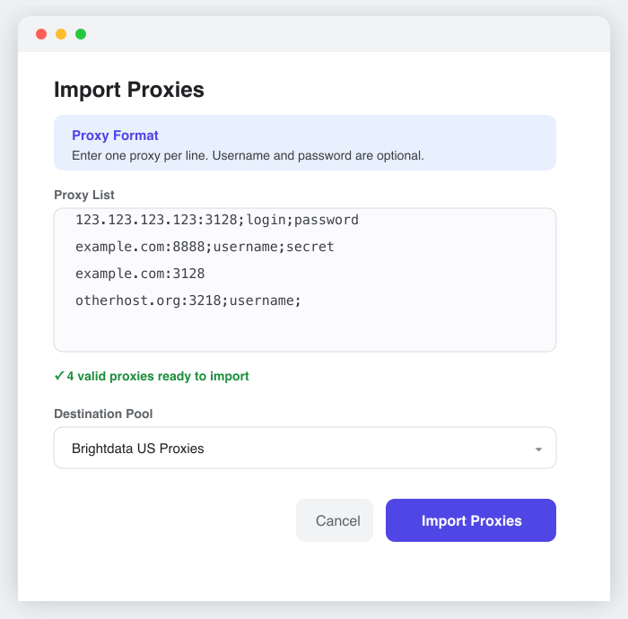 The Import Proxies modal showing the proxy list format and valid proxy count