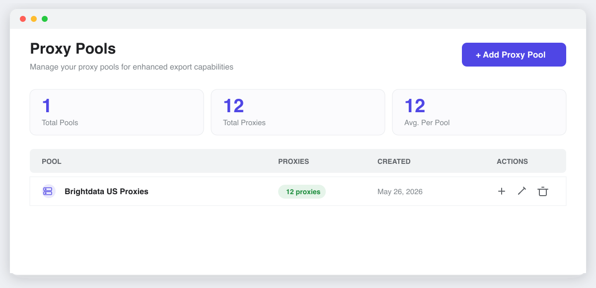 The Proxy Pools page in ExportComments with the Add Proxy Pool button
