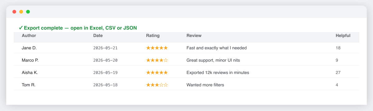 Exported reviews opened in a spreadsheet