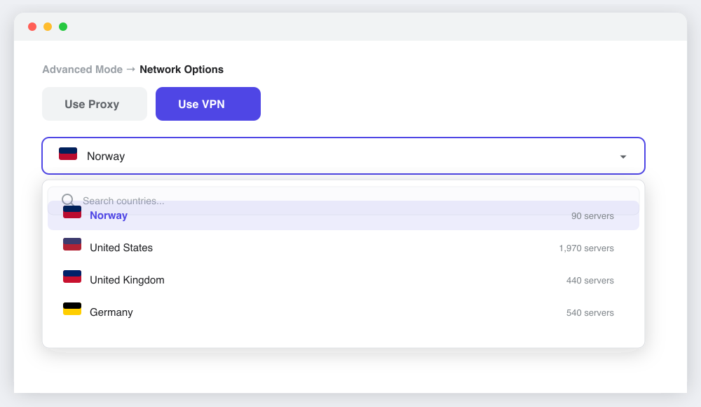 Selecting a VPN country under Advanced Mode Network Options on the export form