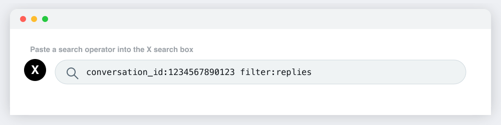 X (Twitter) search box with a conversation_id filter:replies operator